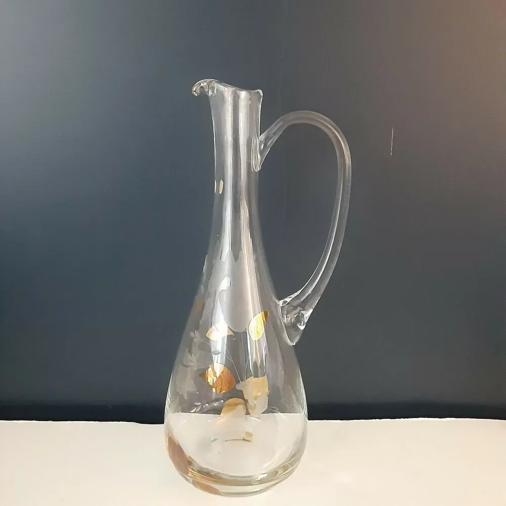 Vintage Romanian Wine Decanter Gold Leaf Etched Mid Century